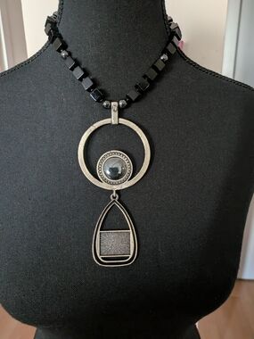 Black and Brushed Silver Geometric Pendant Necklace - Women Jewelry Distressed